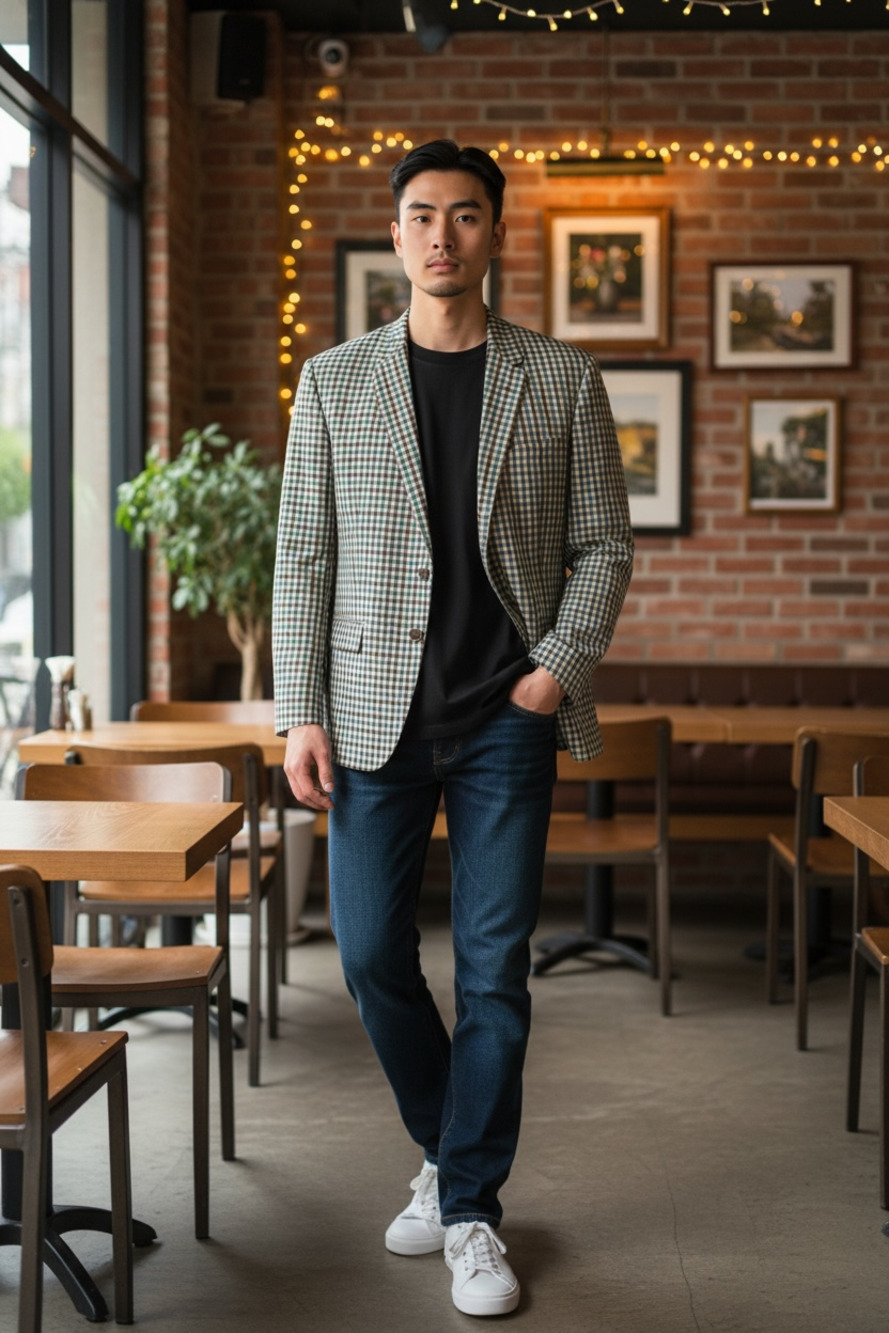 Tiglio Luxe Men's Checkered Plaid Two-Button Sport Coat Blazer